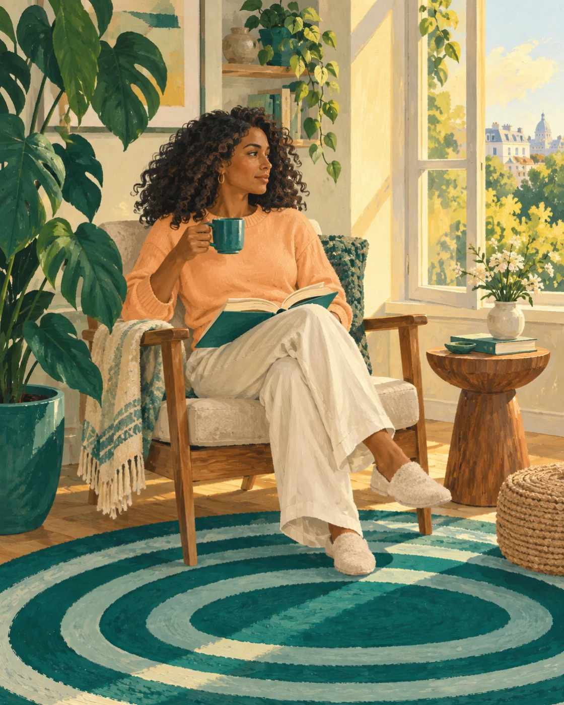 An illustrated everyday moment: a woman with a book and a mug beside a sunlit window.